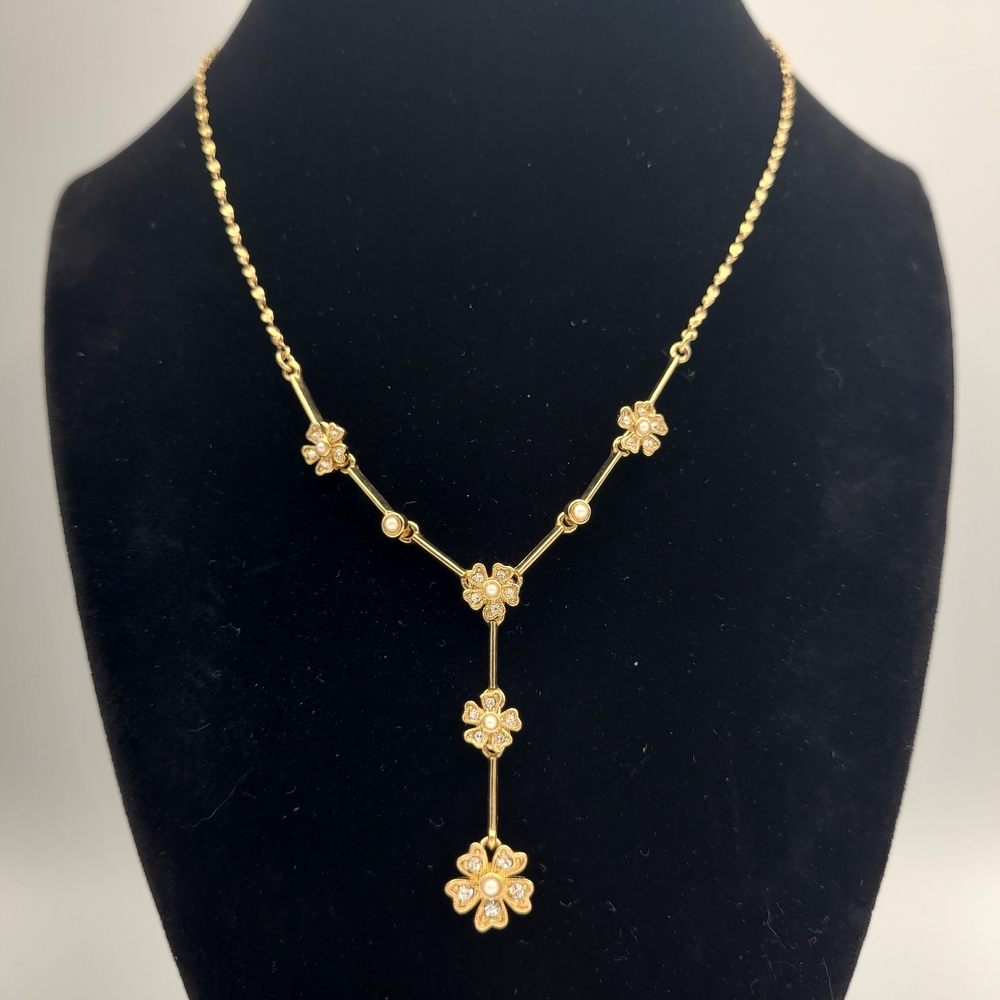 Vintage Avon Gold Tone Floral Y Necklace Faux Pearl Lariat